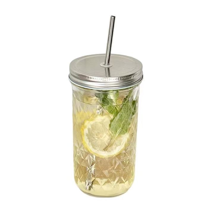 Textured Glass Tumbler with Lid & Straw – 360ml Reusable Drinking Cup