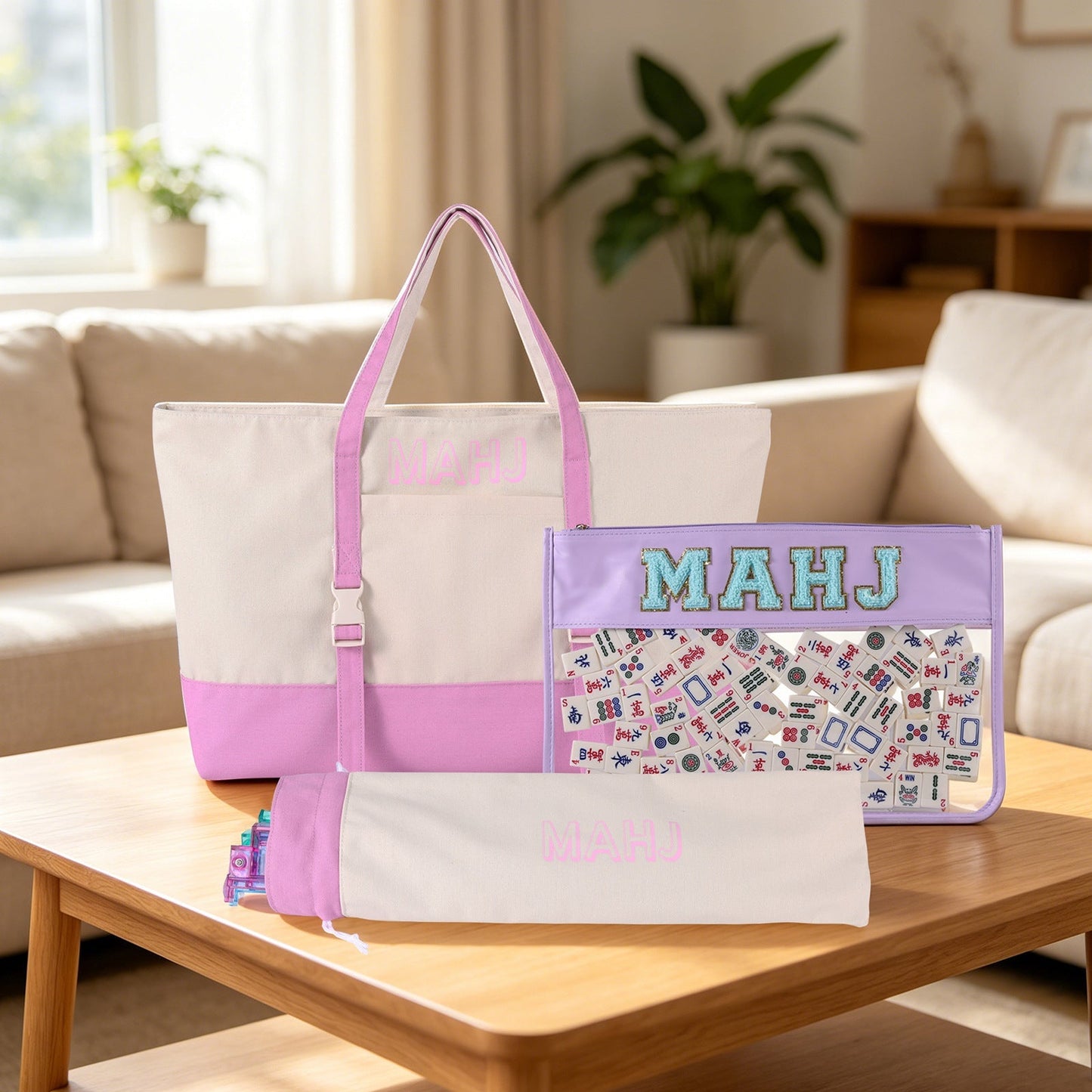 Large Capacity Mahjong Storage Bag Set – 3-Piece Canvas Carry Tote with Handle & Shoulder Strap