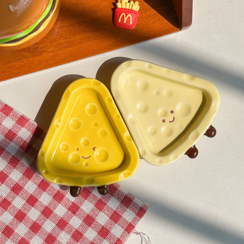 Cute Cheese-Shaped Ceramic Dipping Dish – Yellow and Cream Condiment Plate