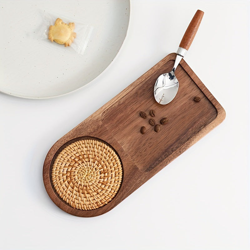 Acacia Wood Serving Tray with Woven Coaster – Rectangular Coffee & Snack Tray