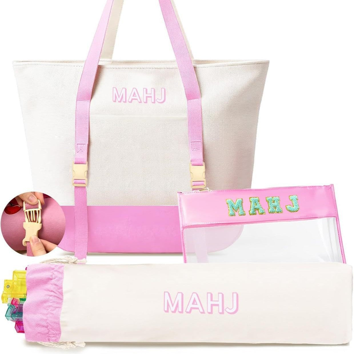 Large Capacity Mahjong Storage Bag Set – 3-Piece Canvas Carry Tote with Handle & Shoulder Strap