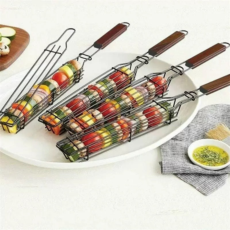 BBQ Kabob Grilling Basket with Wooden Handle – Reusable Wire Skewer Cage