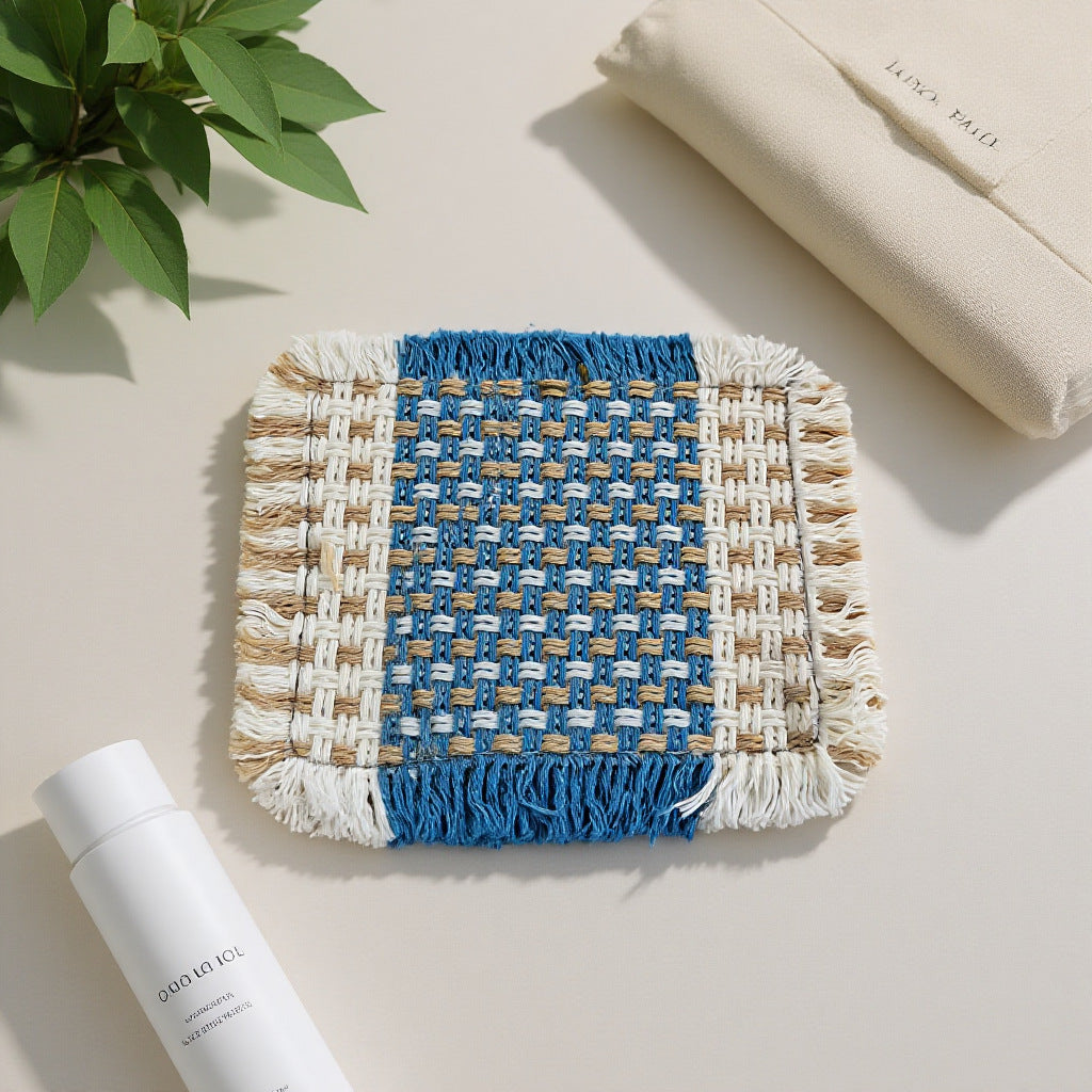 Blue Woven Rattan Coaster 10 × 10 cm – Square Fringe Drink Mat