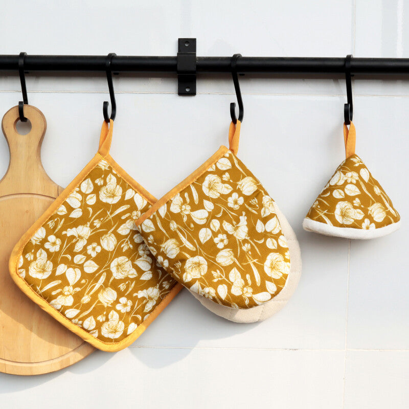 3‑Piece Cotton Linen Heat‑Resistant Kitchen Set – Oven Mitt, Pot Holder & Cone Pot Lid Cap