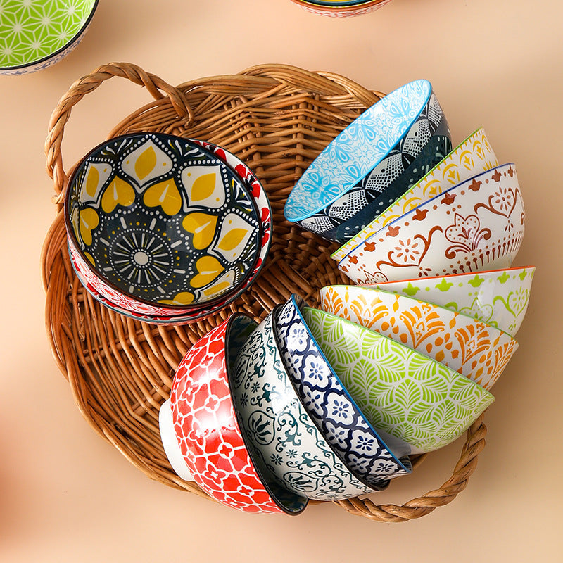 Bohemian Ceramic Pedestal Bowl – Underglaze Rice & Soup Bowl