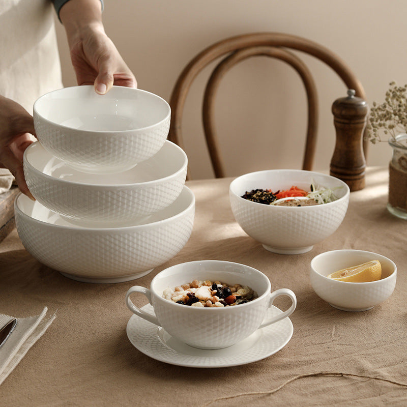 White Ceramic Bowl – Grid Pattern Rice, Soup & Salad Bowl for Home & Hospitality