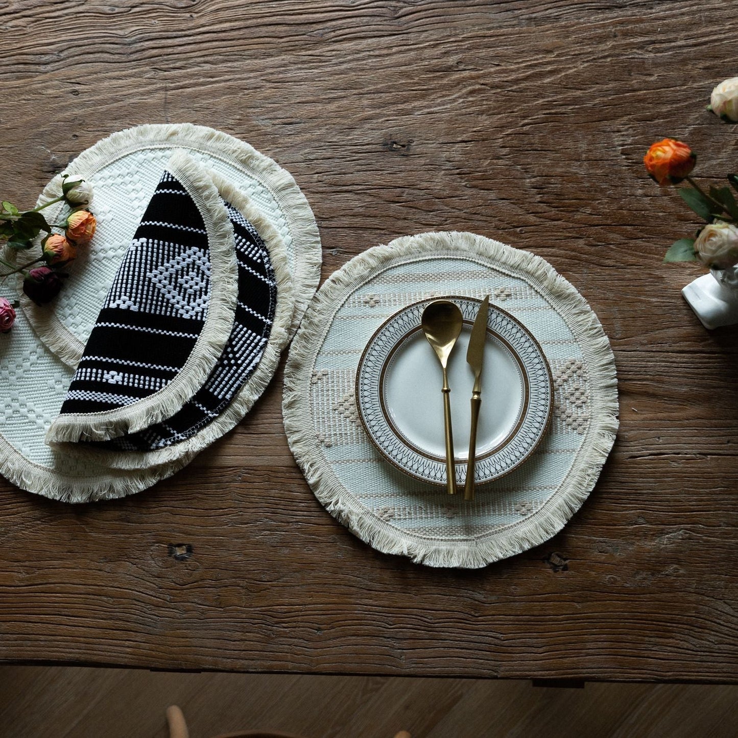 Boho Woven Round Placemat, Farmhouse Heat Resistant Table Mat