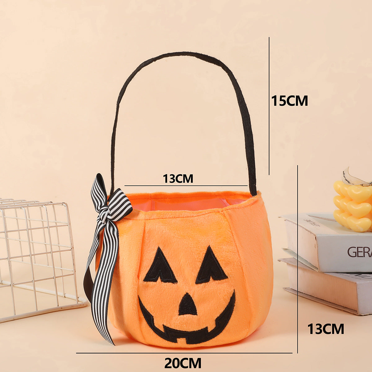 Halloween Pumpkin Candy Bucket, Soft Fabric Trick-or-Treat Bag with Bow