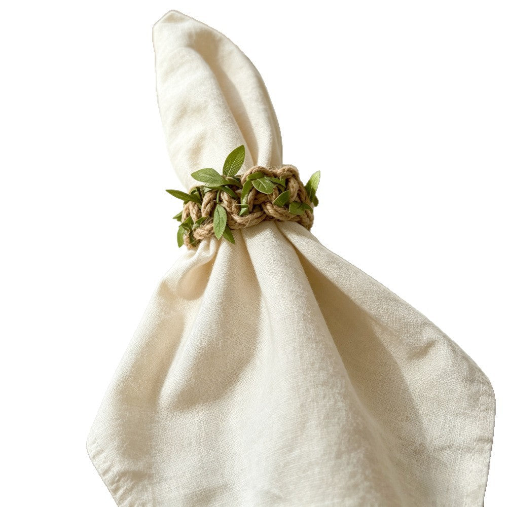 Rustic Jute Napkin Ring with Green Leaves – Braided Farmhouse Table Décor