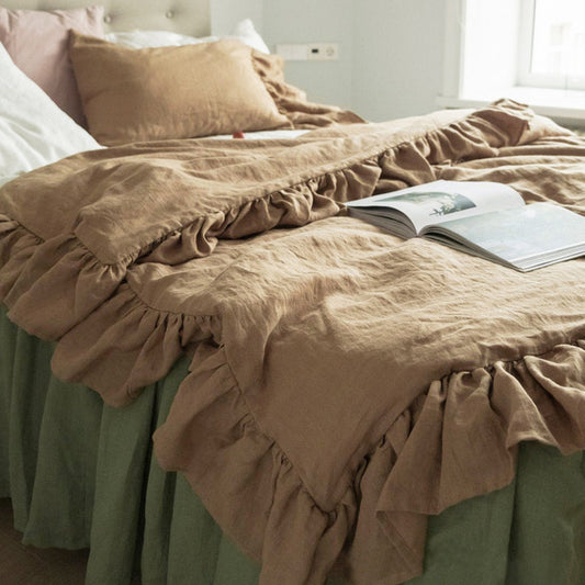 Ruffled Washed Linen Bedding Set | 4-Piece Duvet Cover Set - Moss Green