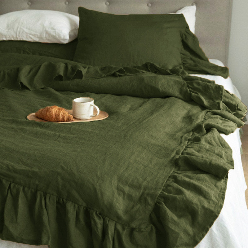 Ruffled Washed Linen Bedding Set | 4-Piece Duvet Cover Set - Rust