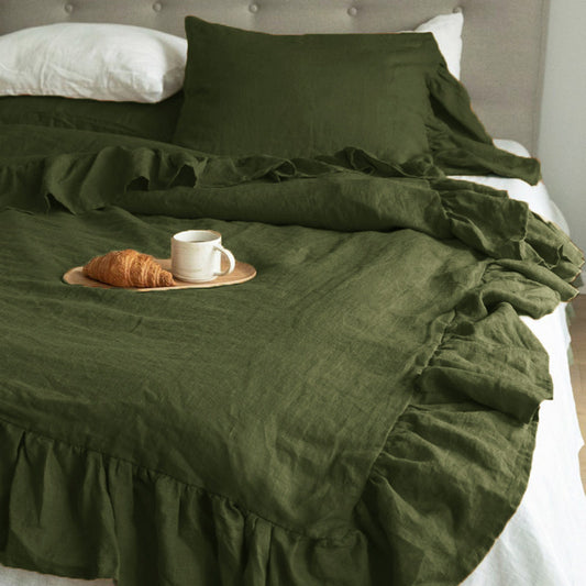 Ruffled Washed Linen Bedding Set | 4-Piece Duvet Cover Set - Tea Green