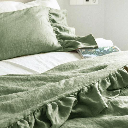 Ruffled Washed Linen Bedding Set | 4-Piece Duvet Cover Set - Amber