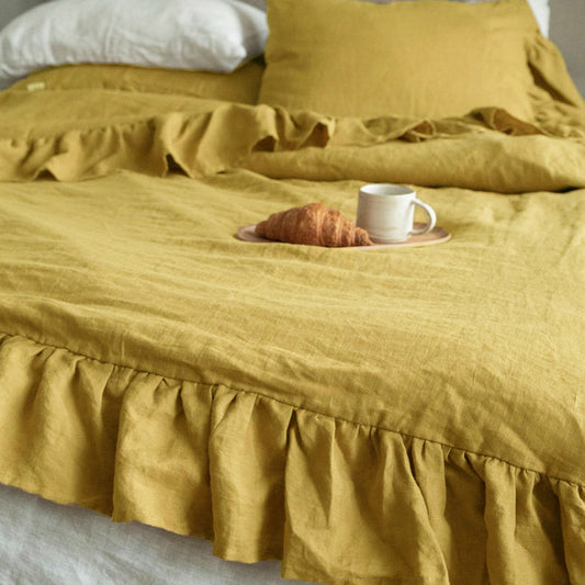 Ruffled Washed Linen Bedding Set | 4-Piece Duvet Cover Set - Rust