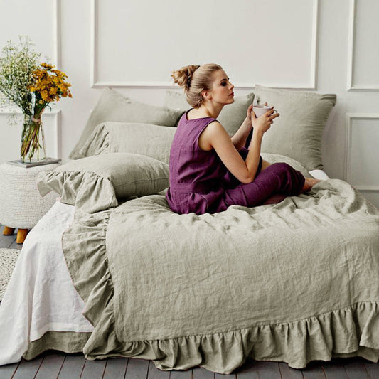 Ruffled Washed Linen Bedding Set | 4-Piece Duvet Cover Set - Cloud Blue