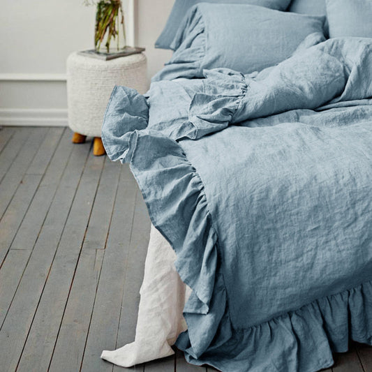 Ruffled Washed Linen Bedding Set | 4-Piece Duvet Cover Set - Sakura