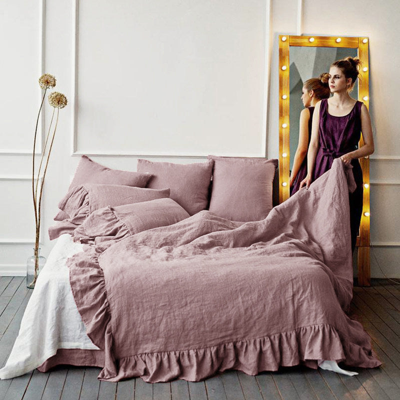 Ruffled Washed Linen Bedding Set | 4-Piece Duvet Cover Set - Rust