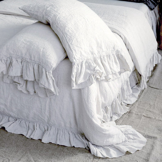 Ruffled Washed Linen Bedding Set | 4-Piece Duvet Cover Set - Milk White