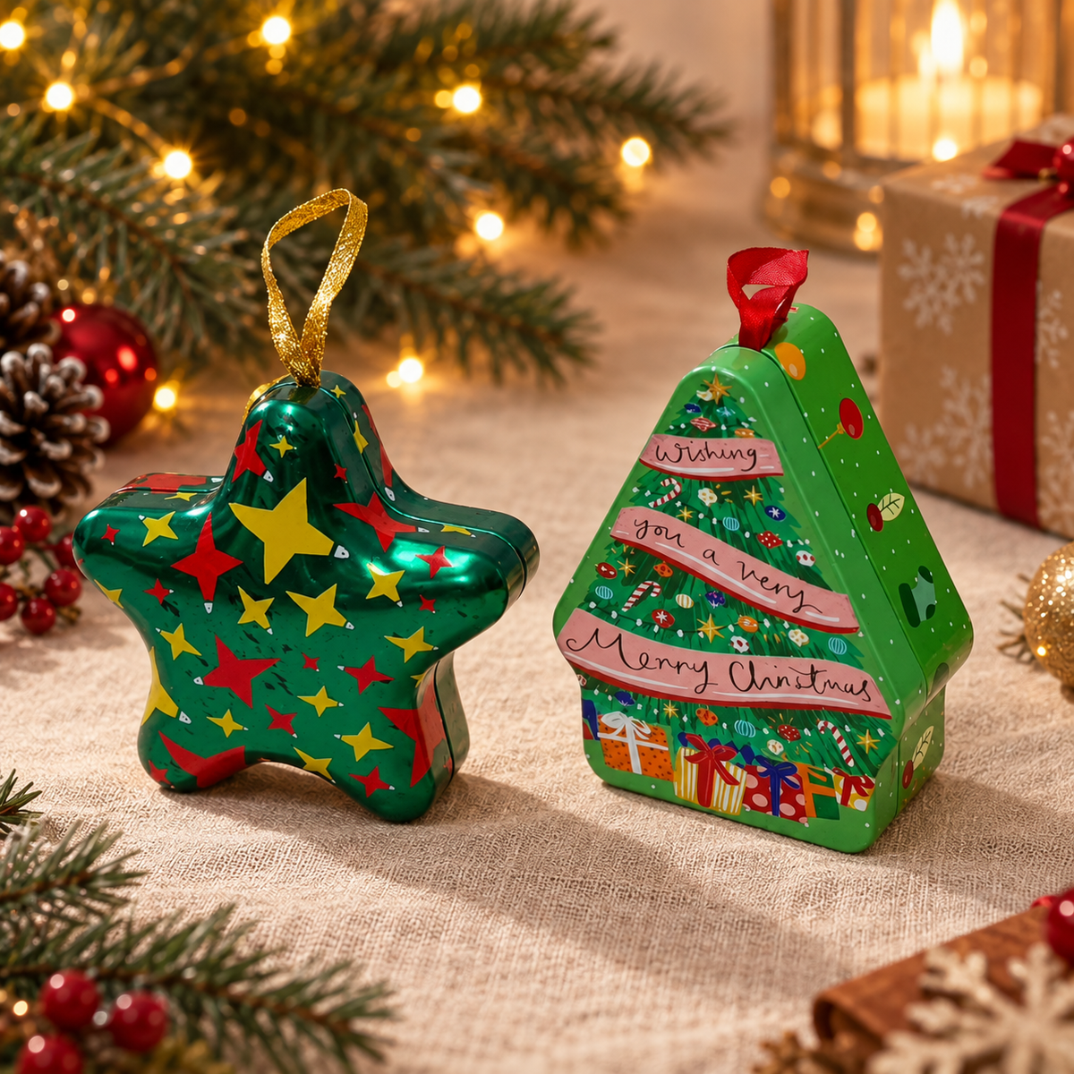Christmas Tinplate Candy Box Ornament – Tree and Star Shaped Hanging Gift Tin