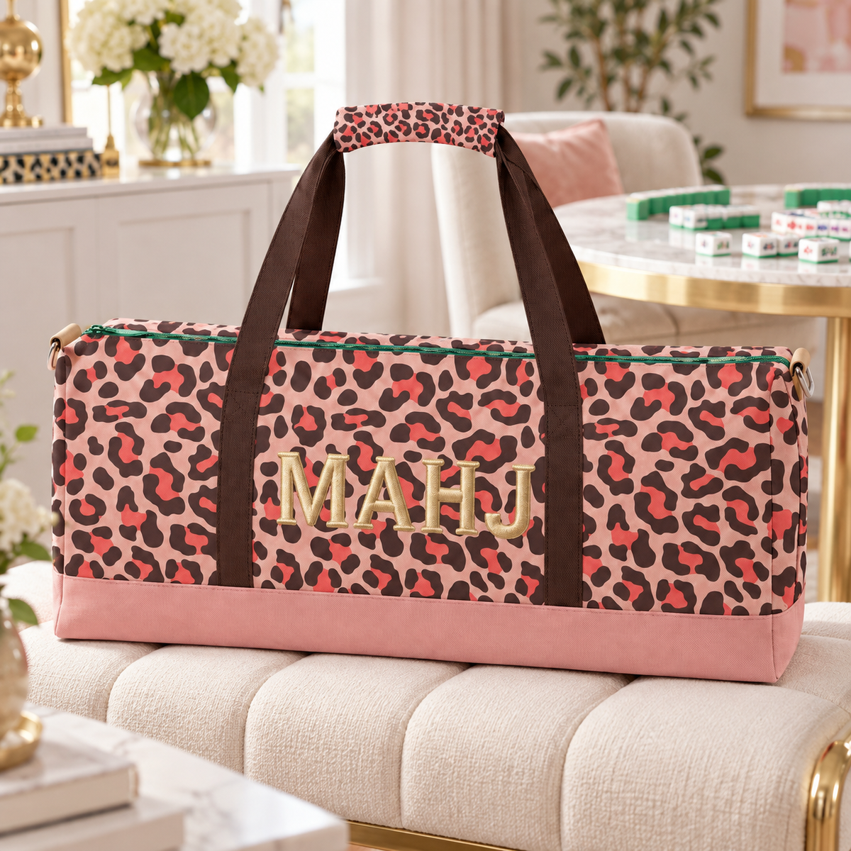 Premium Leopard Mahjong Organizer Bag – Large Canvas Carrying Tote with Zipper