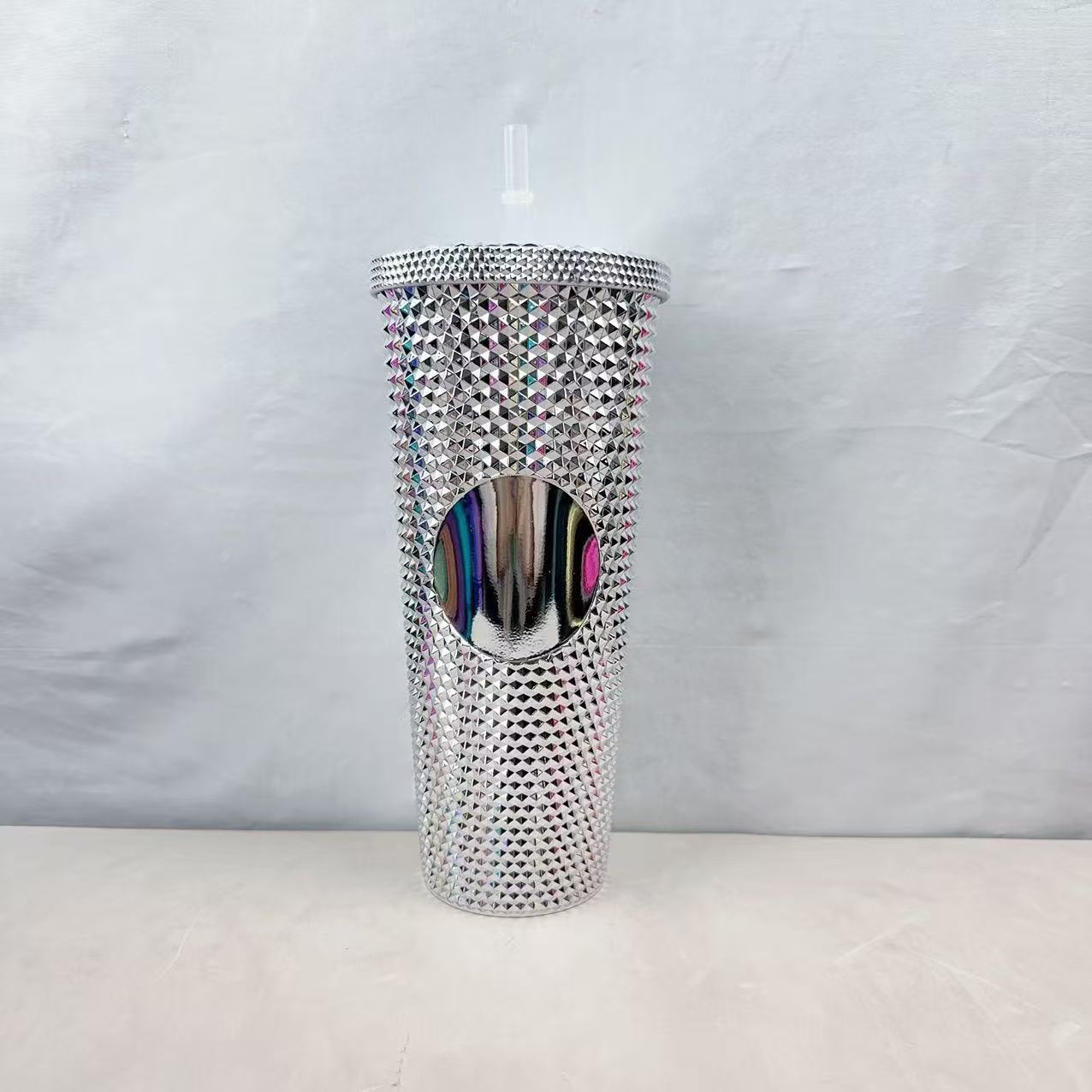 24oz Electroplated Plastic Straw Cup Double Layer Tumbler Colorful Finish Portable Beverage Cup