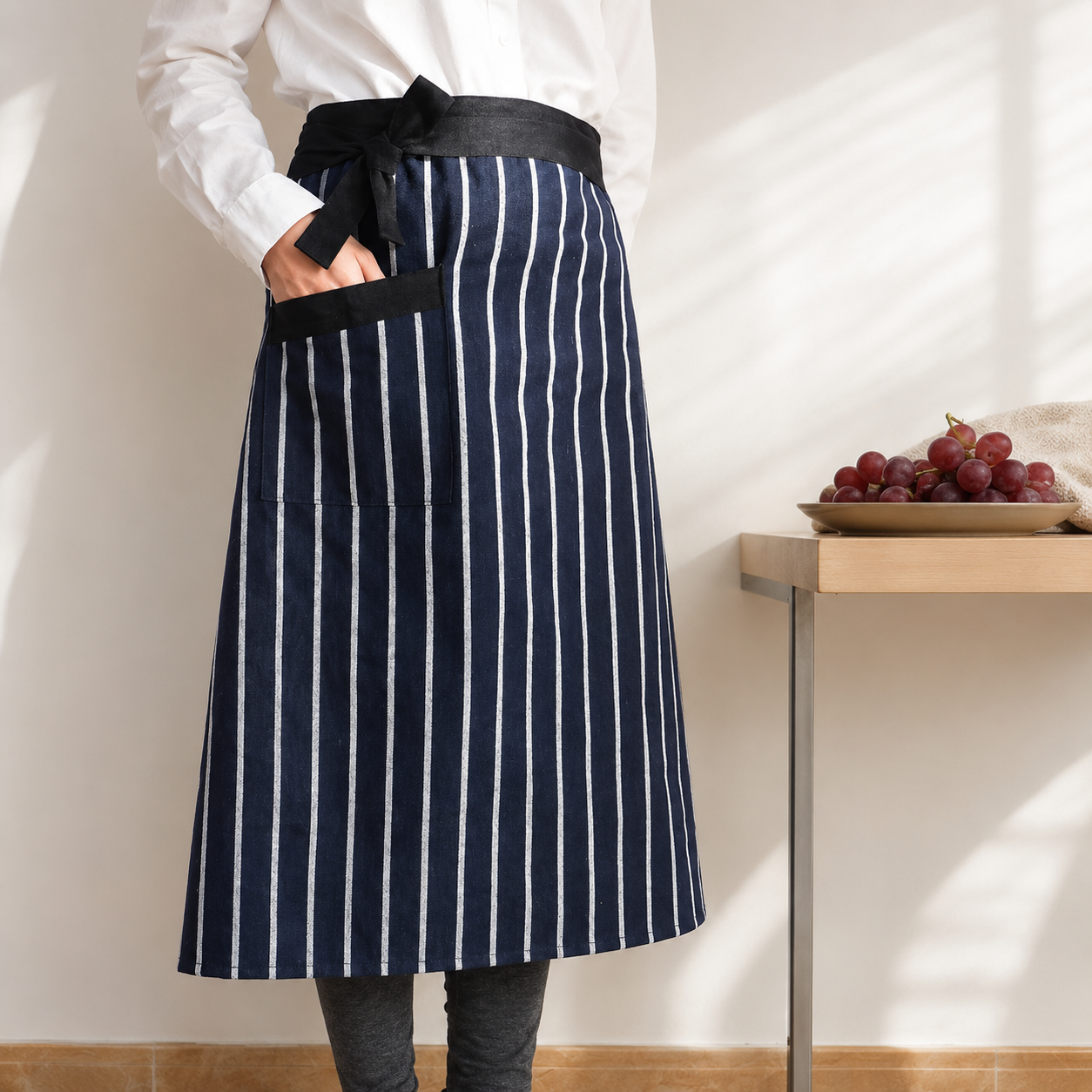 Woven Cotton Stripe Apron, Comfortable Long-Sleeve Half-Body Kitchen Apron