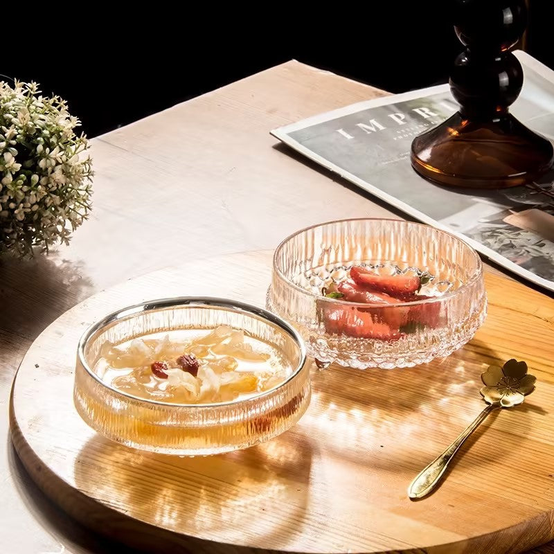 Crystal Glass Dessert Bowl – Textured Transparent Serving Bowl for Ice Cream, Fruit, Pudding and Sweet Treats