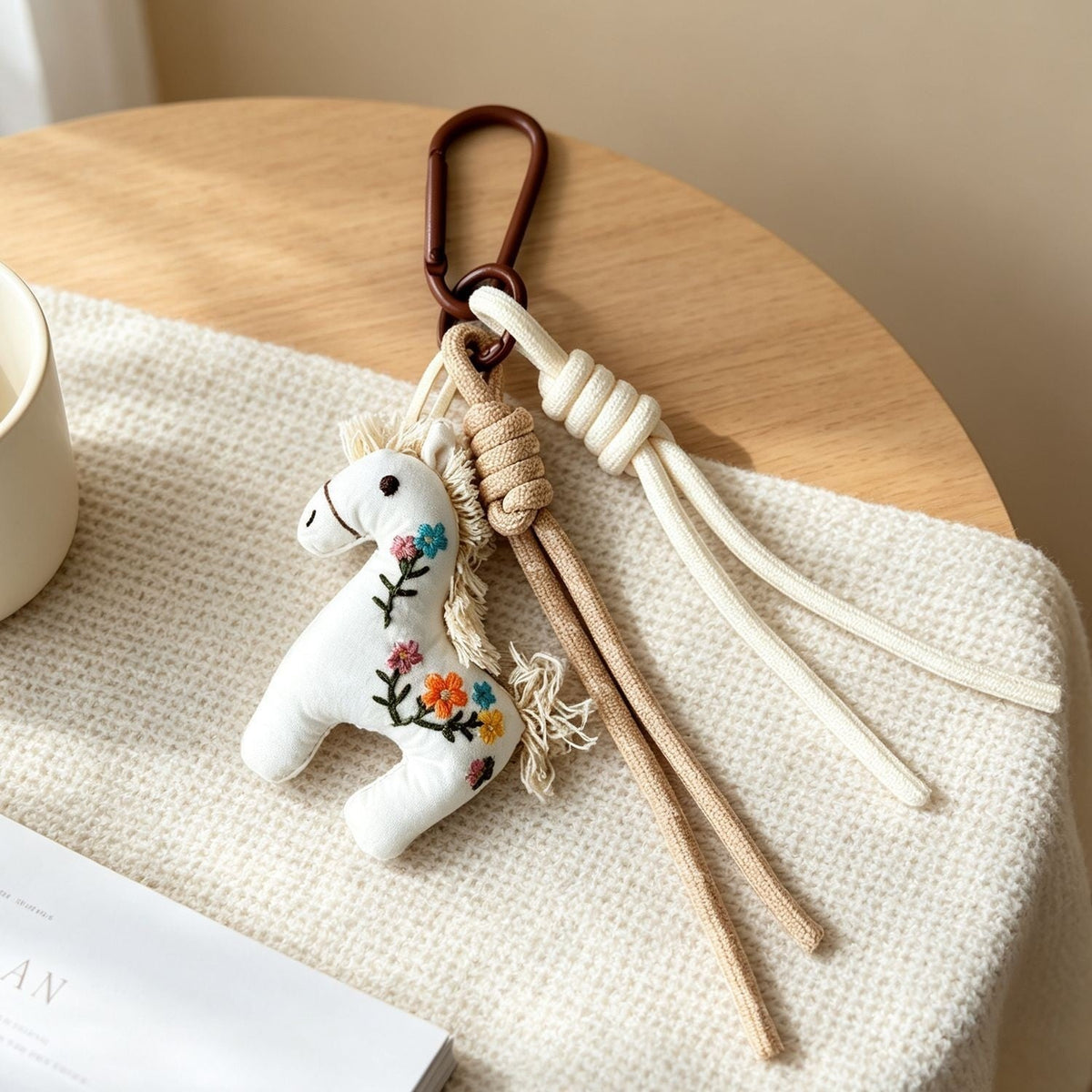 Vintage Horse Bag Charm – Cotton Linen Pony Pendant, Embroidered Animal Keychain for Backpack & Purse