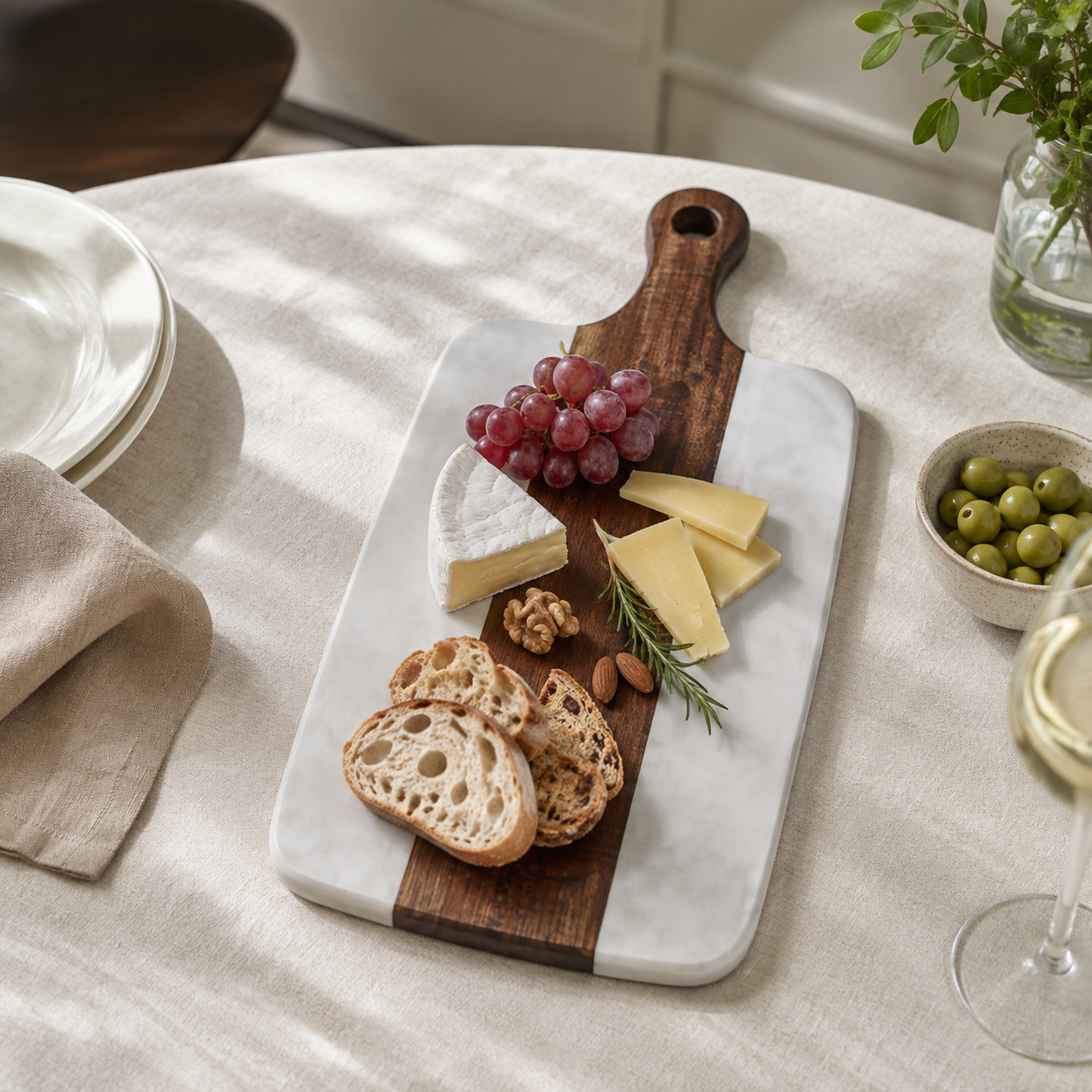 Marble & Wood Cutting Board – Elegant Charcuterie Serving Board with Handle