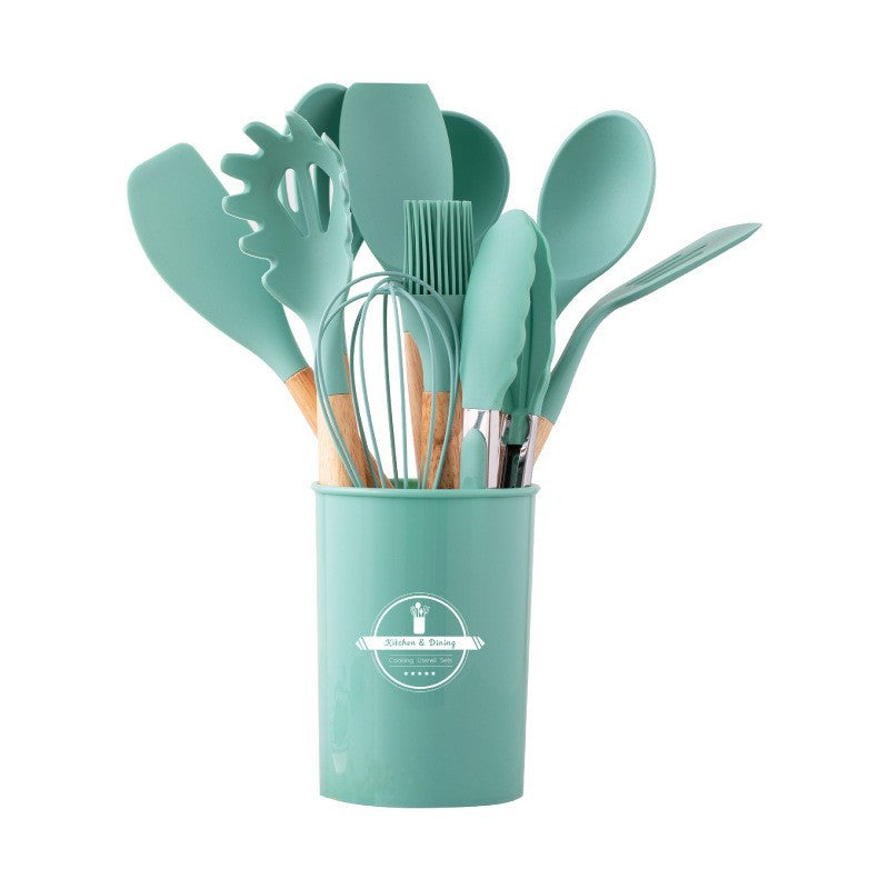12-Piece Silicone Kitchen Utensil Set with Wooden Handles for Nonstick Cookware