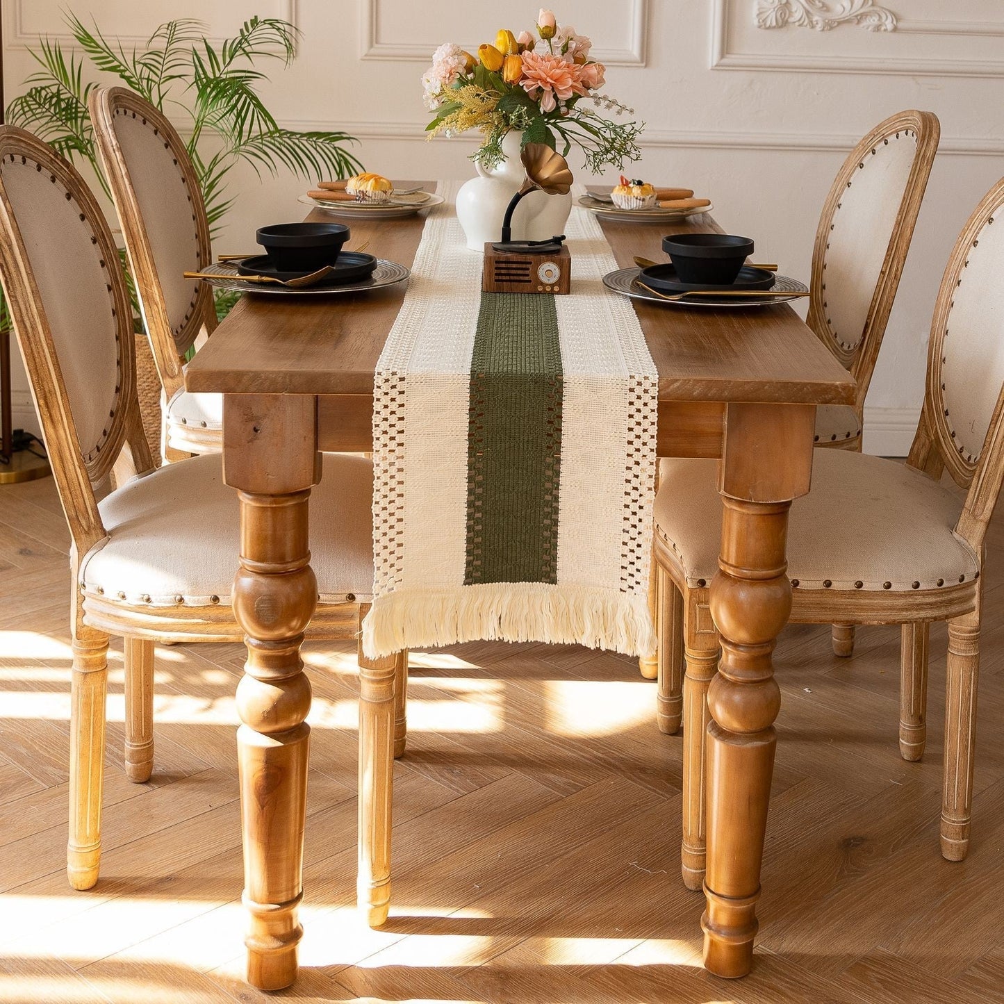 Boho Tassel Table Runner, Cotton Linen Crochet Woven Table Decor for Parties and Home Styling