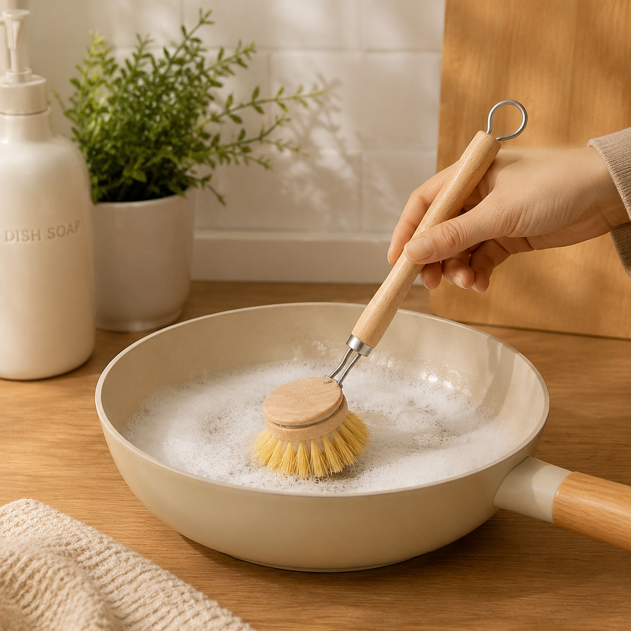 Beechwood Long-Handled Pot Scrubber, Natural Loofah & Sisal Kitchen Cleaning Brush for Non-Stick Pans, Cast Iron, and Dishwashing – Eco-Friendly