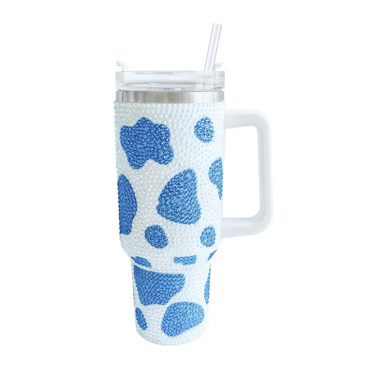 40oz Cow Print Sparkle Rhinestone Tumbler Stainless Steel With Handle Insulated Large Capacity Cup