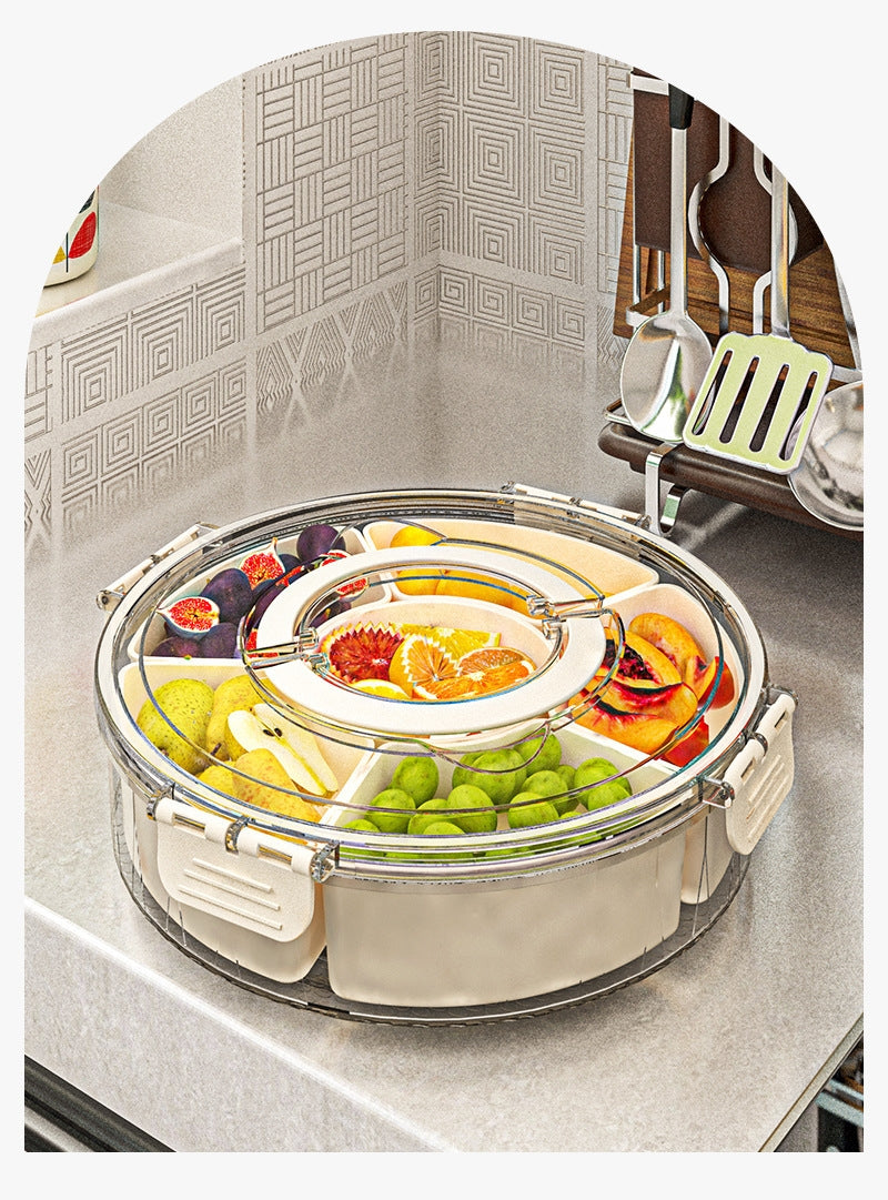 Six-Compartment Rotating Fruit Tray with Handle – Sealed Moisture-Resistant Snack Organizer