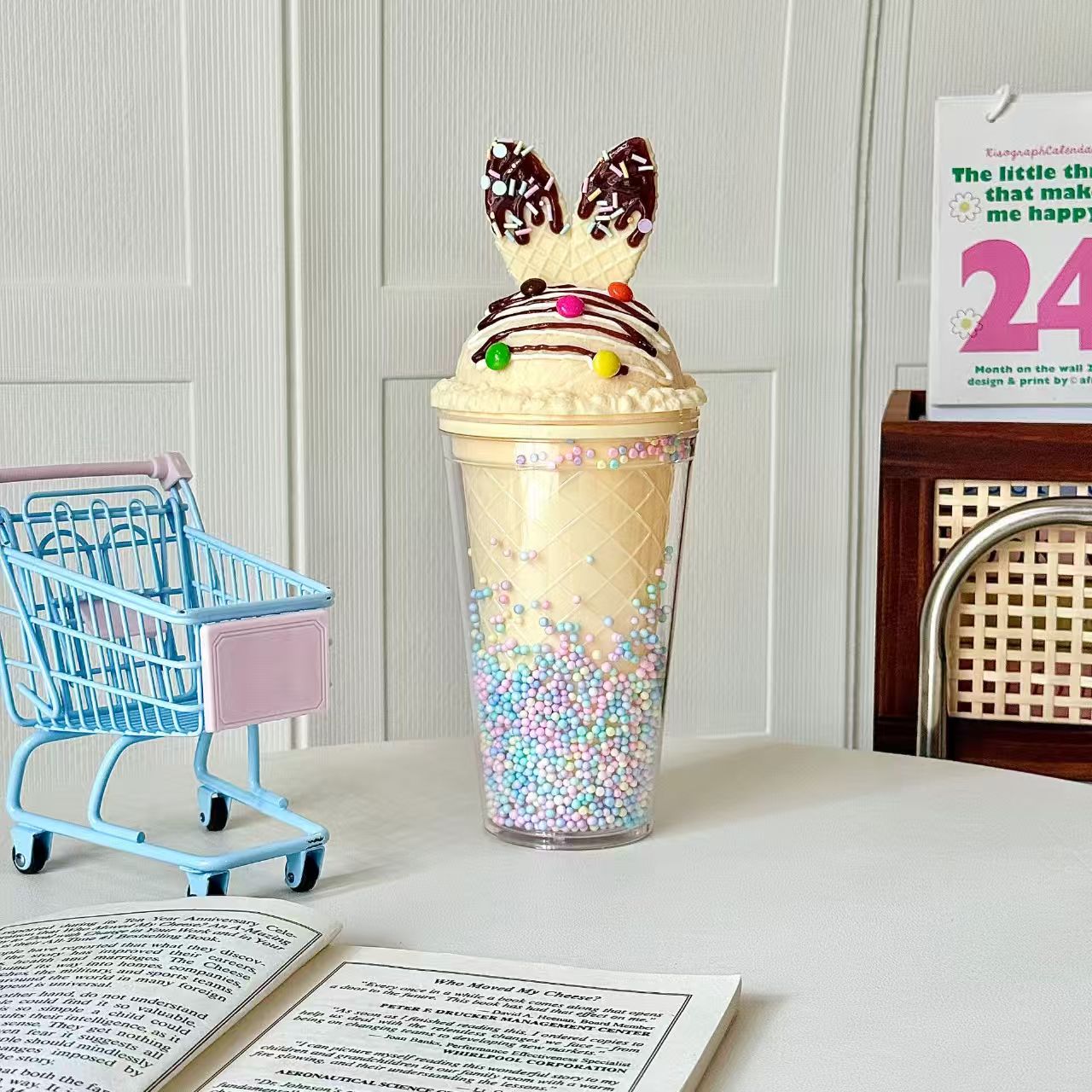 Bunny Double Wall Ice Crush Straw Cup 430ml – Cute Summer Portable Plastic Tumbler for Home & Office
