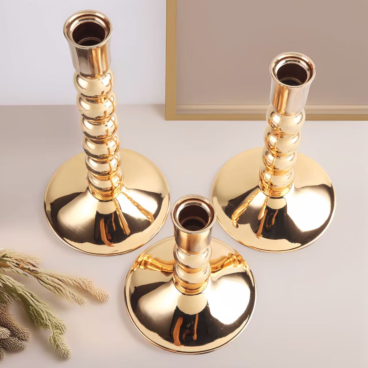 French Gold Electroplated Bead Candleholder, Heavy Duty Exquisite Iron Decor