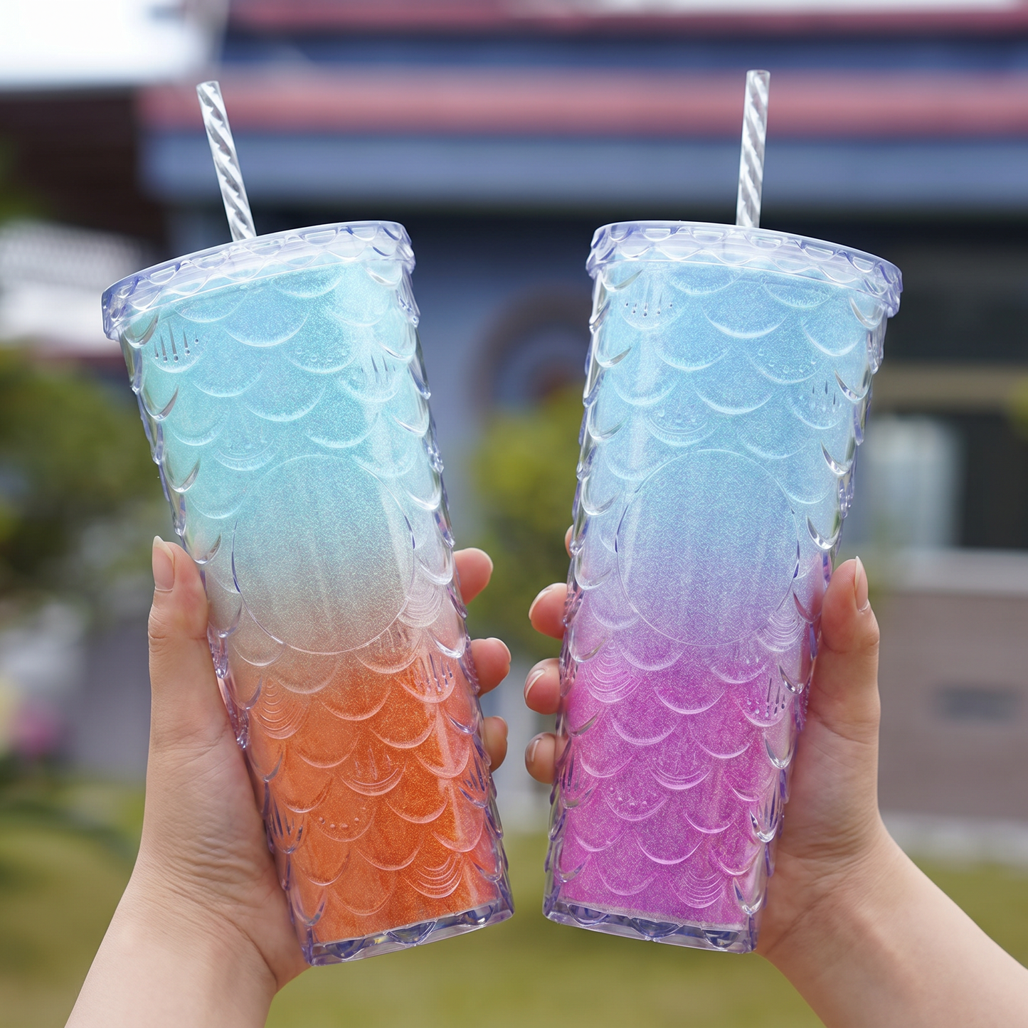 710ml Dual Tone Gradient Fish Scale Water Cup – Large Capacity AS Plastic Stylish Summer Tumbler