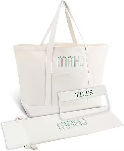 Canvas Mahjong Tote Bag Set – Large Capacity Shoulder Bag with Storage Pouch and Drawstring Cover