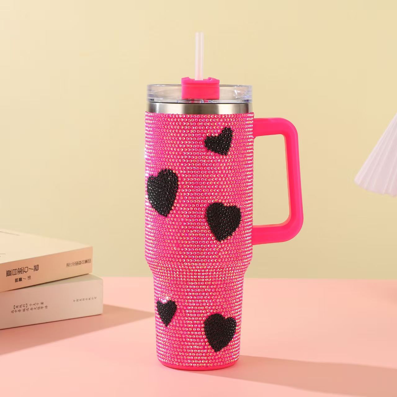 Pink Mood Rhinestone 40oz Vacuum Insulated Stainless Steel Tumbler with Straw – Chic Sparkle On-the-Go Cup