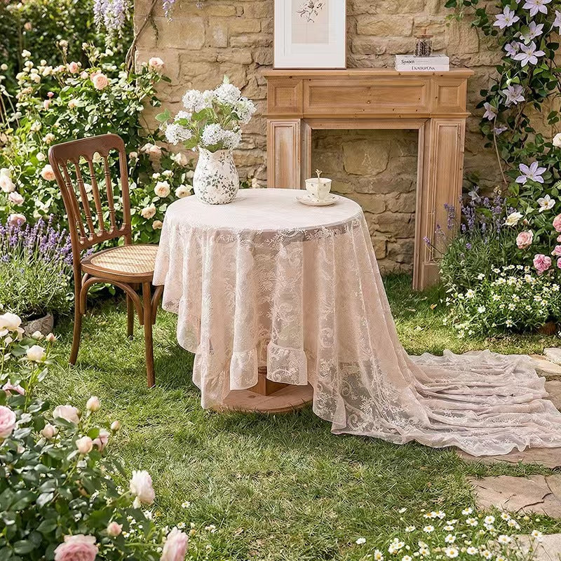 French Ruffled Lace Tablecloth Hollow Out Rectangular Table Cover