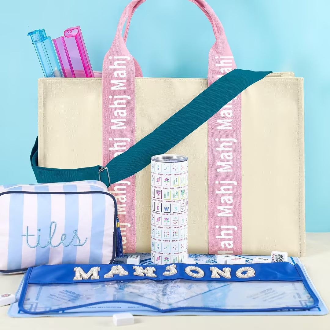 Mahjong Tote Bag – Large Canvas Shoulder Bag with Adjustable Strap