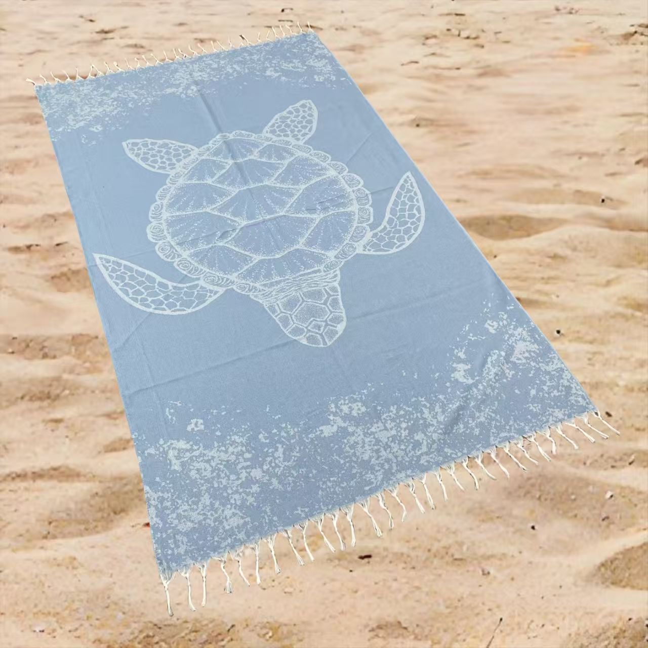 Oversized Ocean Turtle Print Beach Towel Rectangular Quick-Dry Absorbent Shawl Summer Beach Wrap Travel Blanket with Boho Tassel Trim