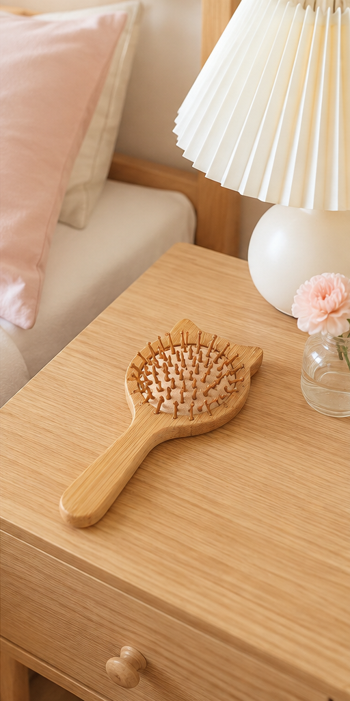 Cat Ear Bamboo Scalp Massage Hair Brush – Rounded Pins Gentle Detangling Wooden Paddle Brush
