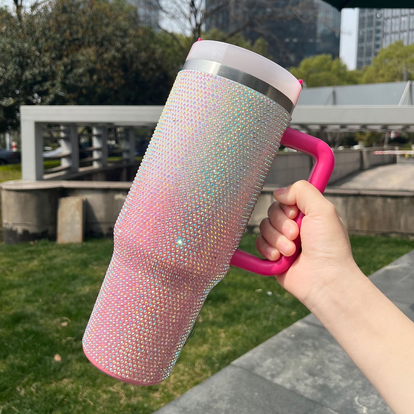 Gradient Rhinestone 40oz Stainless Steel Insulated Tumbler with Handle & Straw – Sparkling Color Fade Travel Mug