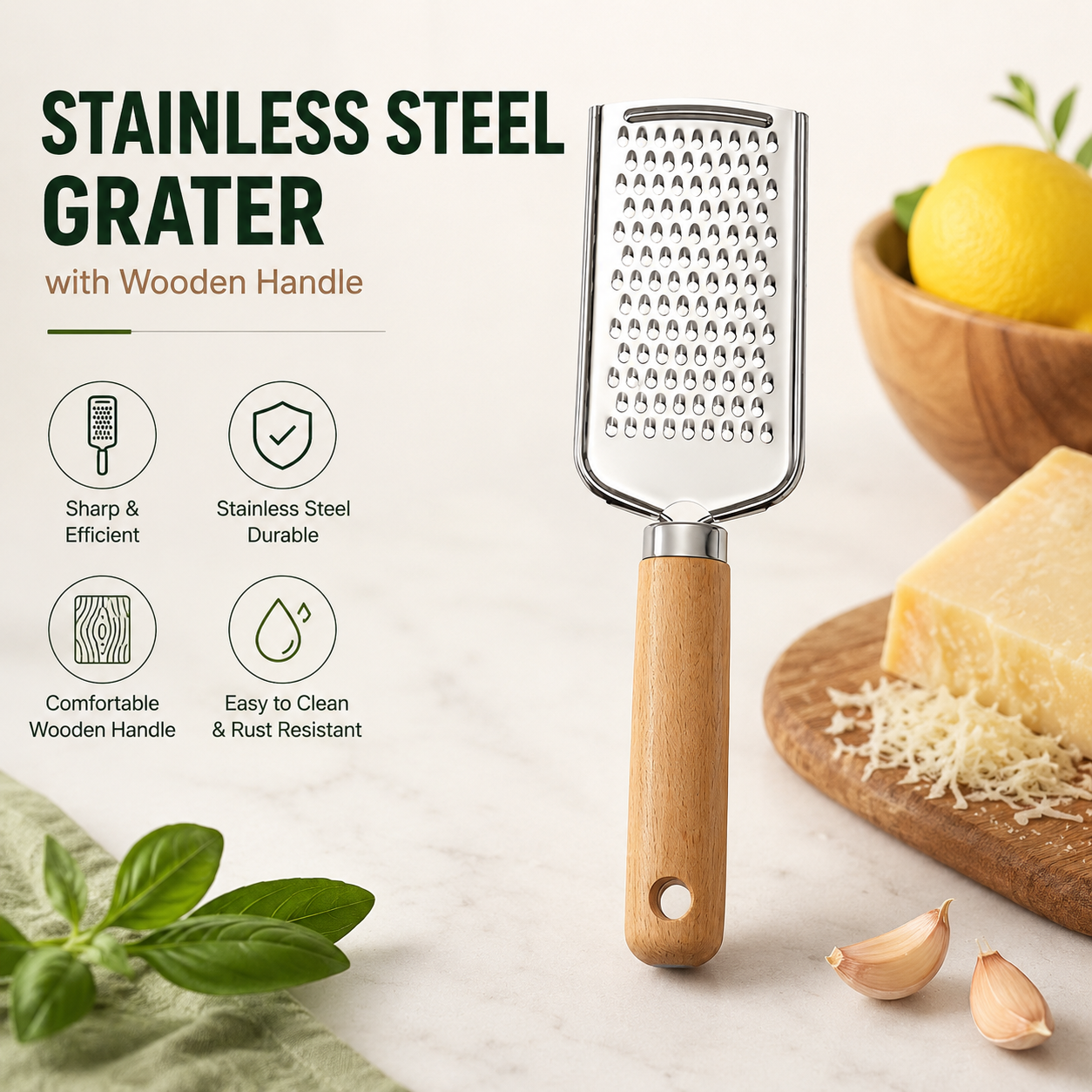 Stainless Steel Cheese Grater with Beech Wood Handle, Ginger, Chocolate & Lemon Zester
