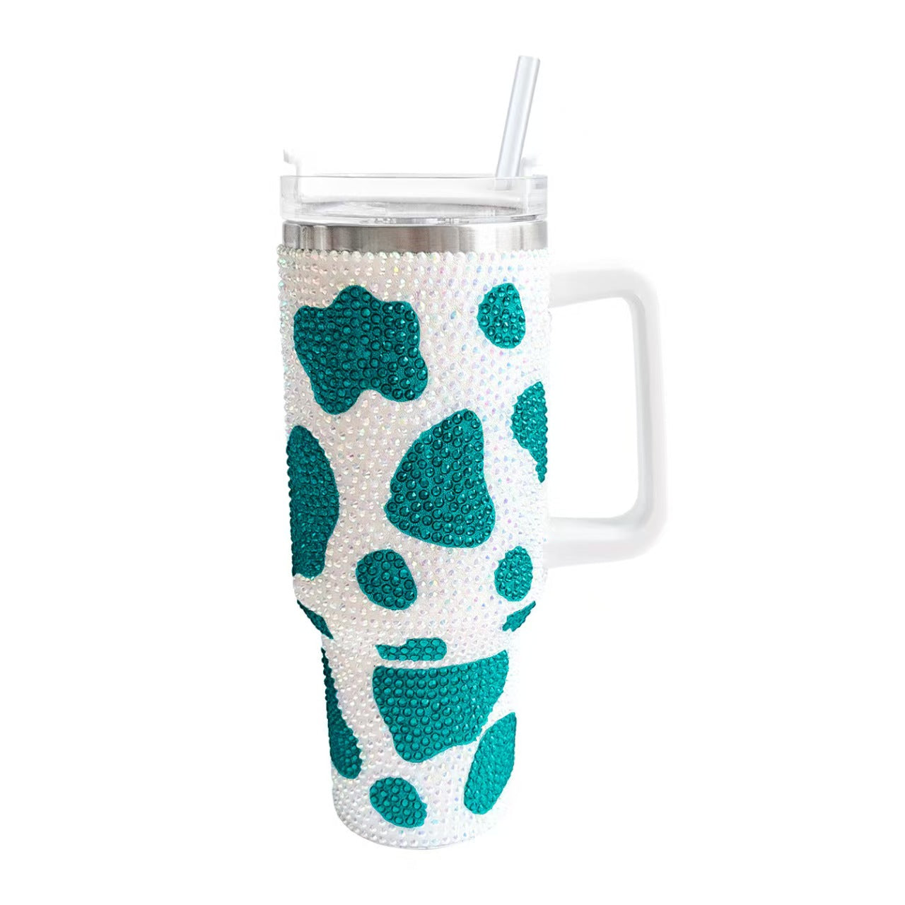 40oz Cow Print Sparkle Rhinestone Tumbler Stainless Steel With Handle Insulated Large Capacity Cup