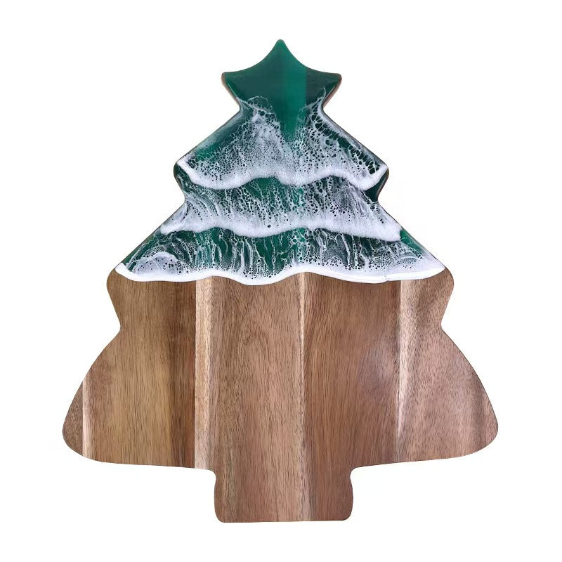 Christmas Tree Ocean Wave Resin Wood Cutting Board Festive Epoxy Serving Charcuterie Platter Handmade Kitchen Decor