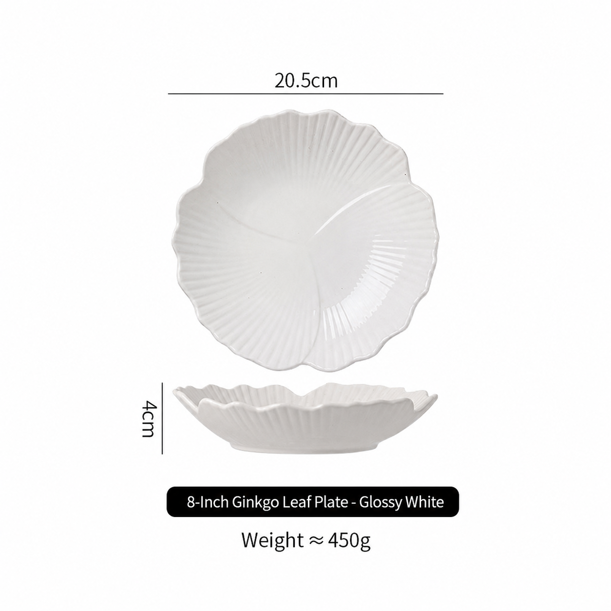 8 Inch Ginkgo Leaf Ceramic Serving Plate – Glossy White Decorative Dinner Plate
