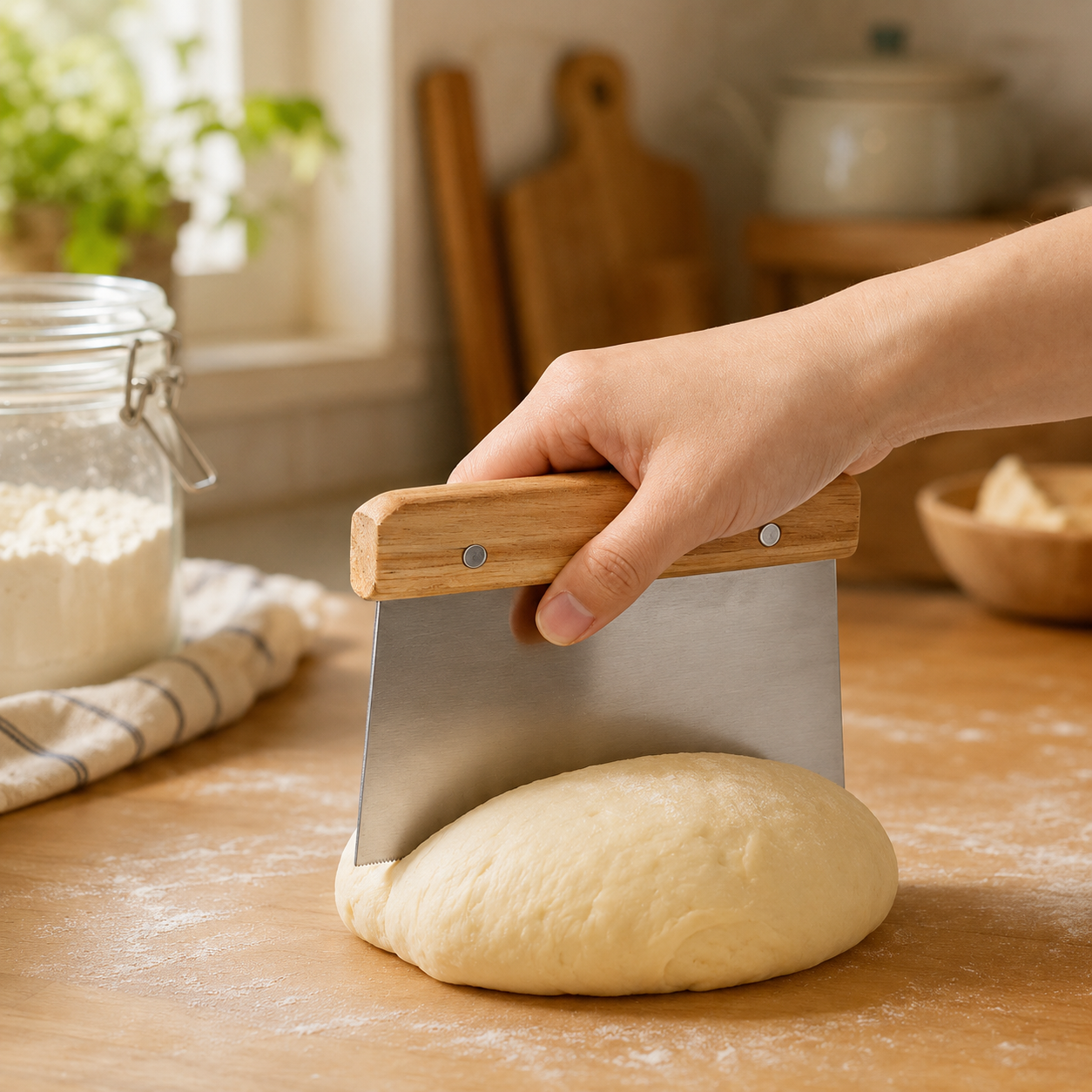 Stainless Steel Dough Cutter with Wooden Handle, Multifunctional Bench Scraper & Pastry Tool for Bread, Pizza, Cake, and Soap Making