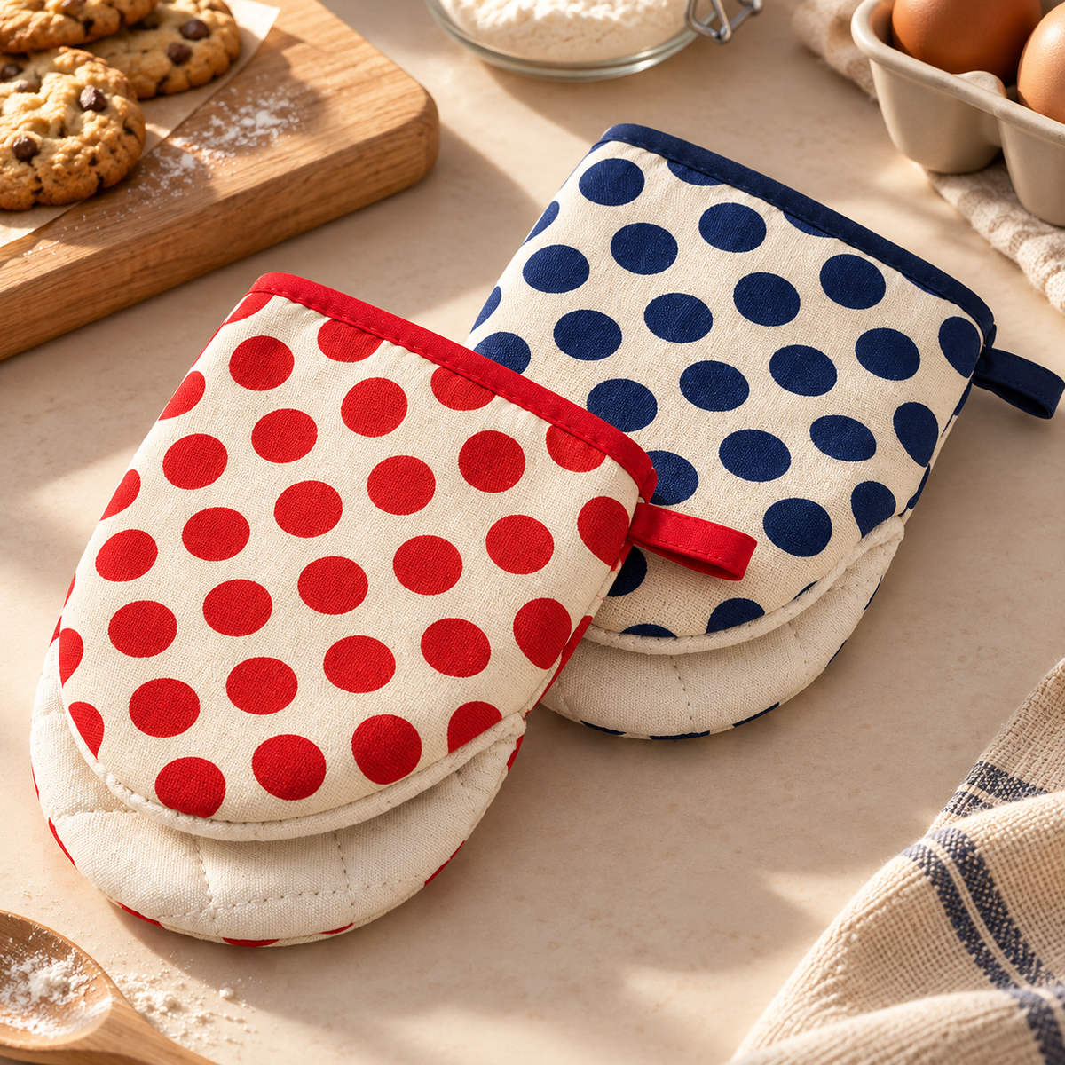 Cotton Polka Dot Oven Mitt – Heat-Resistant Padded Kitchen Glove with Hanging Loop, Red or Blue